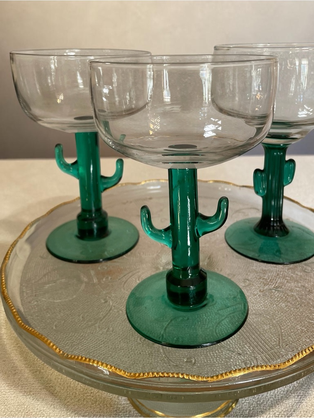 Three margarita cactus  glasses, two are from Mexico and one is Libby,